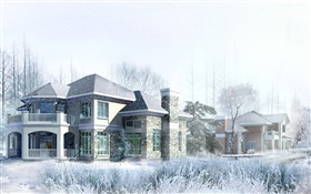 3D设计，房子，冬天，雪 高清壁纸