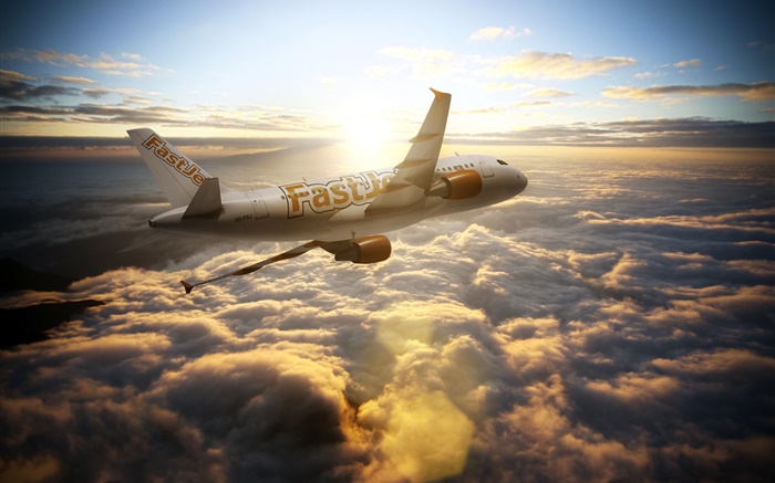 空中客车A300飞机，天空，云，太阳光线 壁纸 图片