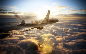 空中客车A300飞机，天空，云，太阳光线 高清壁纸