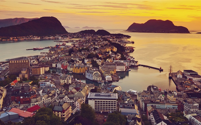 奥勒松，挪威，城市，房屋，夕阳，海岸 壁纸 图片