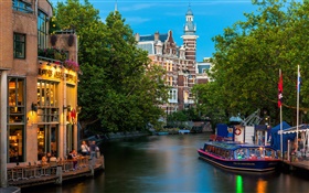 阿姆斯特丹，荷兰，城市，房屋，河流 高清壁纸