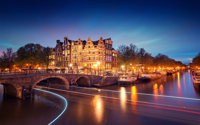 阿姆斯特丹，荷兰，晚上，房子，桥，河，灯，船 壁纸 图片