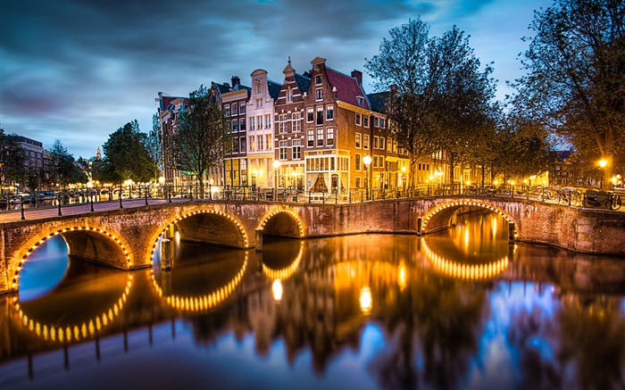 阿姆斯特丹，荷兰，晚上，灯光，河流，桥梁，房屋 壁纸 图片