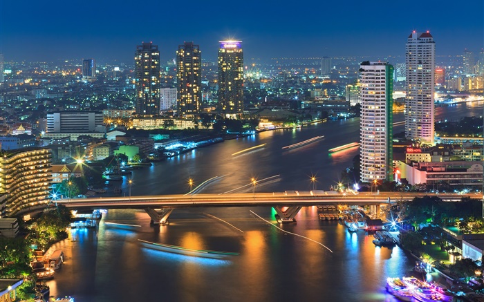 泰国曼谷，建筑物，河，桥，晚上，灯 壁纸 图片