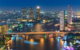 泰国曼谷，建筑物，河，桥，晚上，灯 高清壁纸