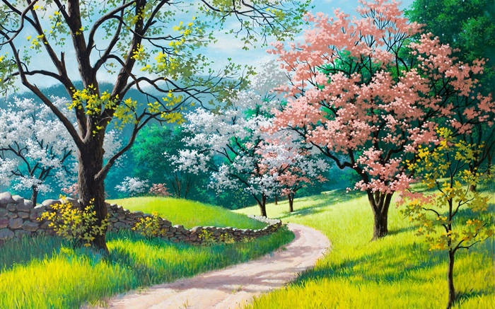 美丽的画，春天，路，树，草，花 壁纸 图片