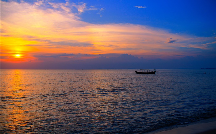 柬埔寨，亚洲，沙滩，大海，船，日落 壁纸 图片