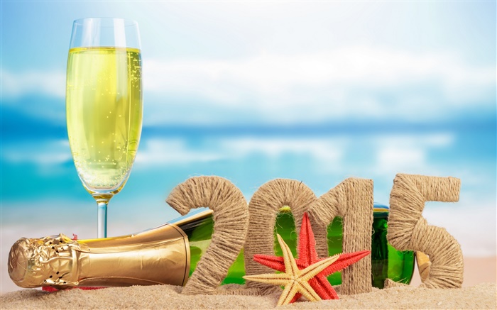 香槟，海星，沙子，2015新年 壁纸 图片