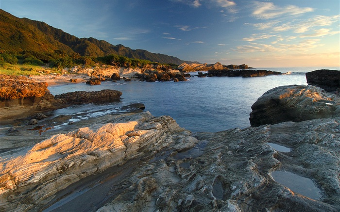 海岸，岩石，海，黄昏 壁纸 图片