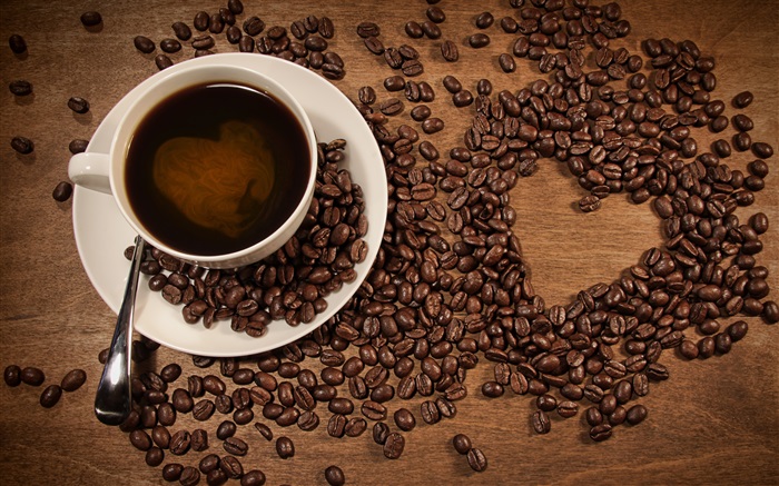 一杯咖啡，咖啡豆，爱心形 壁纸 图片