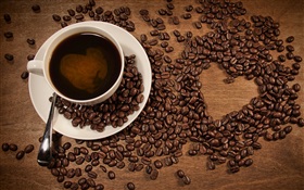 一杯咖啡，咖啡豆，爱心形 高清壁纸