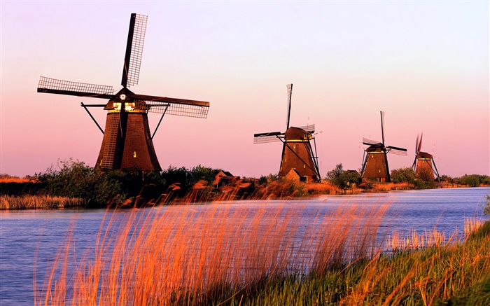 荷兰风光，风车，河流，黄昏 壁纸 图片