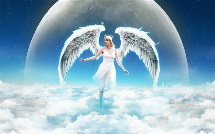 幻想天使女孩在天空，云 壁纸 图片