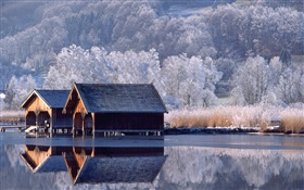 房屋，河流，树木，冬天，德国 高清壁纸