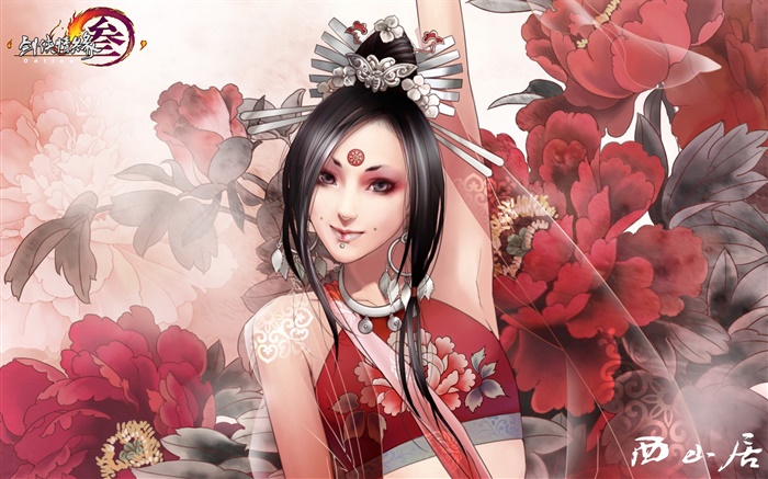 剑侠情缘3网络版，女孩，鲜花 壁纸 图片