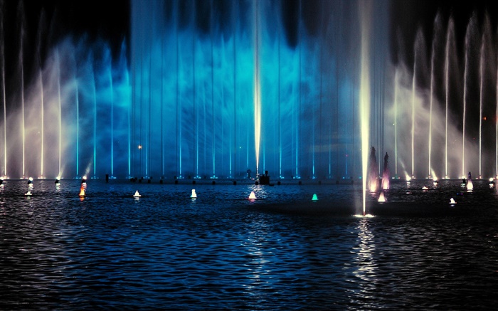 夜景，喷泉，灯光 壁纸 图片