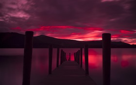 码头，日落，湖，红色天空 高清壁纸