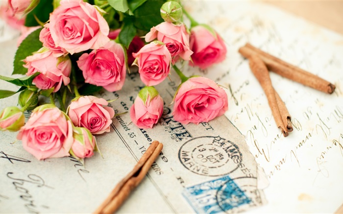粉红色的玫瑰鲜花，信件 壁纸 图片