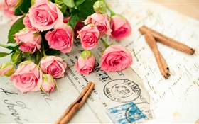粉红色的玫瑰鲜花，信件 高清壁纸