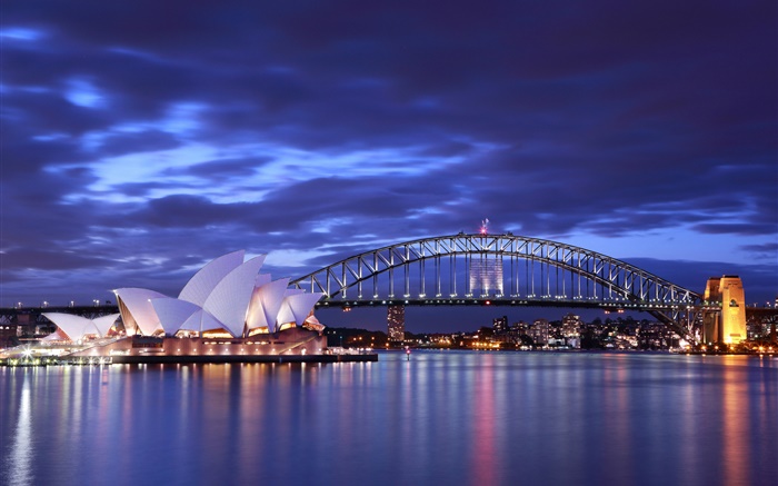 悉尼歌剧院，澳大利亚，晚上，桥，灯，海，蓝色 壁纸 图片