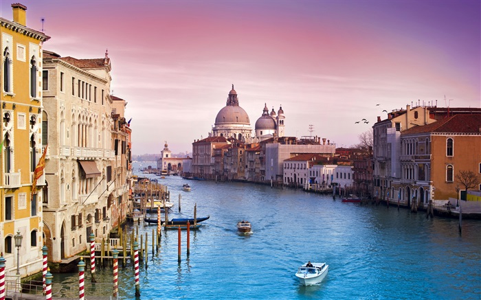 旅游城市，威尼斯，船，河，房子 壁纸 图片