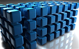 3D蓝色立方体，地面反射 高清壁纸