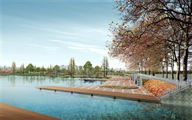 3D设计，城市公园，树，湖