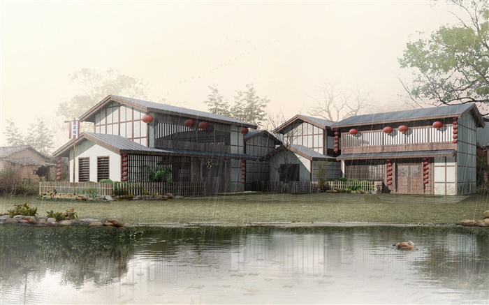 3D设计，雨天，池塘，房屋 壁纸 图片