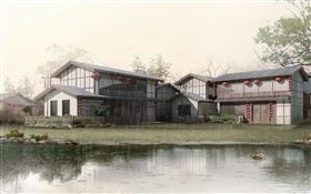 3D设计，雨天，池塘，房屋