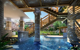 3D设计，别墅细节展示，泳池