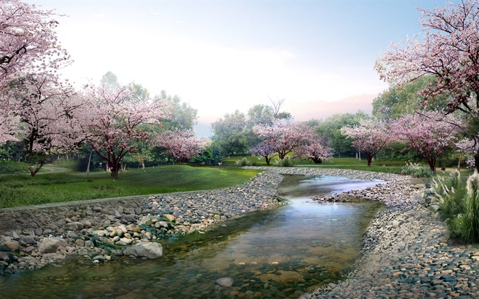 3D设计，春天的公园，百花盛开，小溪 壁纸 图片