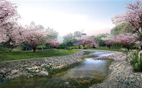 3D设计，春天的公园，百花盛开，小溪 高清壁纸