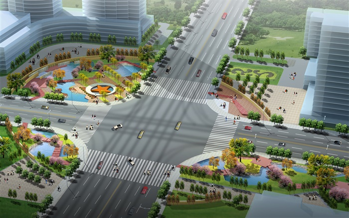 3D设计，城市道路与绿地布局 壁纸 图片