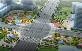 3D设计，城市道路与绿地布局 高清壁纸
