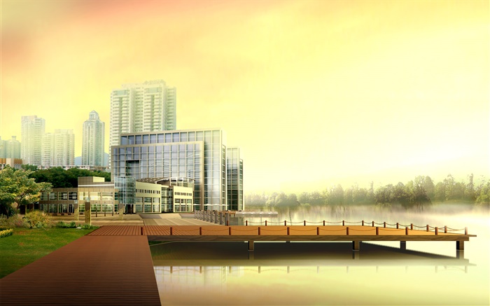 3D设计，城市高楼，河，码头 壁纸 图片