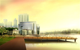 3D设计，城市高楼，河，码头 高清壁纸