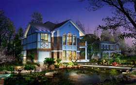 3D设计，别墅夜景，灯光，池塘，树木 高清壁纸