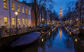 阿姆斯特丹，荷兰，晚上，房子，河，船，灯 高清壁纸