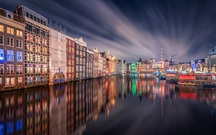 阿姆斯特丹，晚上，灯，房子，河，反射 壁纸 图片