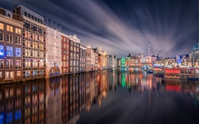阿姆斯特丹，晚上，灯，房子，河，反射 高清壁纸