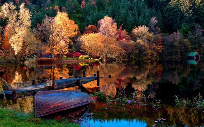 秋天，树木，码头，船，湖泊，水中的倒影 壁纸 图片