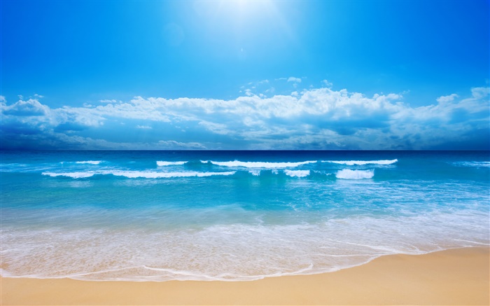 美丽的沙滩，大海，海浪，蓝色，天空，云 壁纸 图片