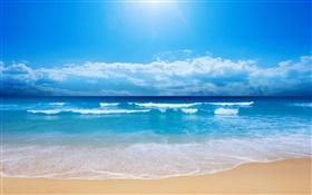 美丽的沙滩，大海，海浪，蓝色，天空，云 高清壁纸