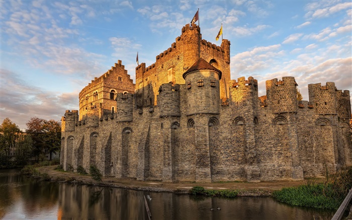 比利时，城堡，护城河，天空，黄昏 壁纸 图片
