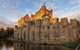 比利时，城堡，护城河，天空，黄昏 高清壁纸
