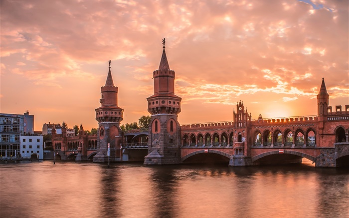 柏林，德国，日落，河，桥，建筑 壁纸 图片