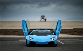 蓝色兰博基尼Aventador超级跑车前视图，翅膀 高清壁纸