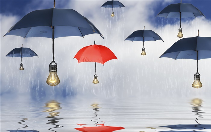 蓝色和红色的雨伞，雨，水中的倒影，创意图片 壁纸 图片