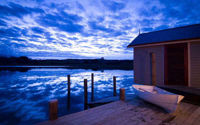 船屋，河，云，黄昏，新西兰 壁纸 图片