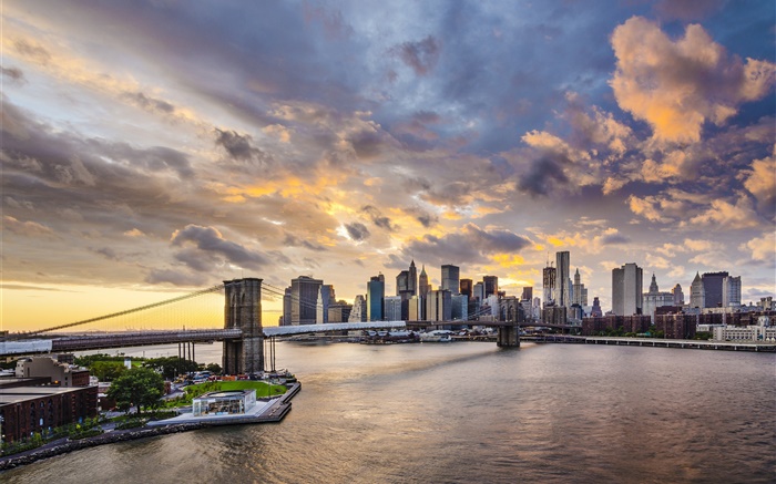 布鲁克林大桥，纽约，曼哈顿，美国，摩天大楼，黄昏 壁纸 图片